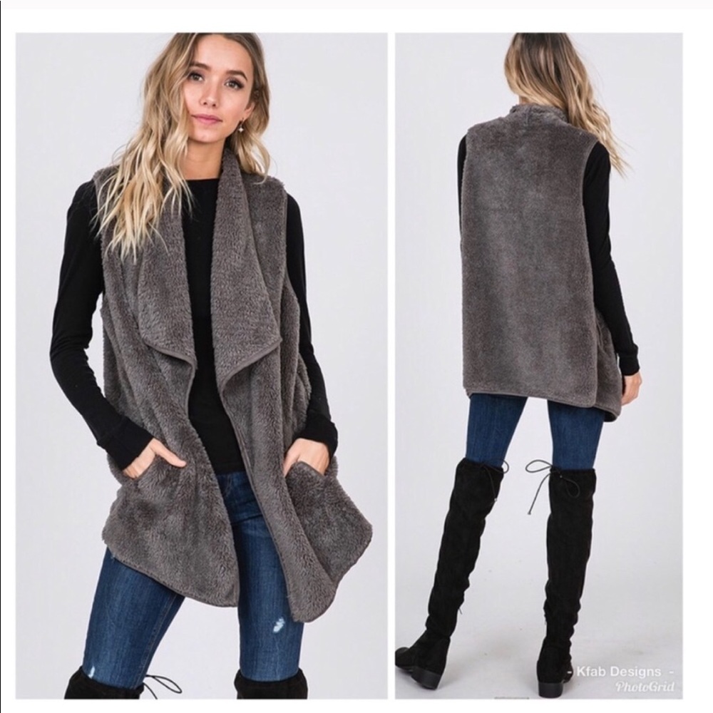 Soft Charcoal Open Faux Fur Vests